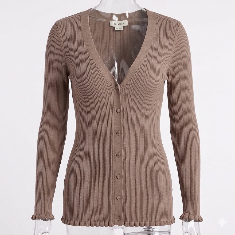 Tularosa Ribbed V-Neck Button Front Cardigan Lettuce Edge Taupe Brown Small